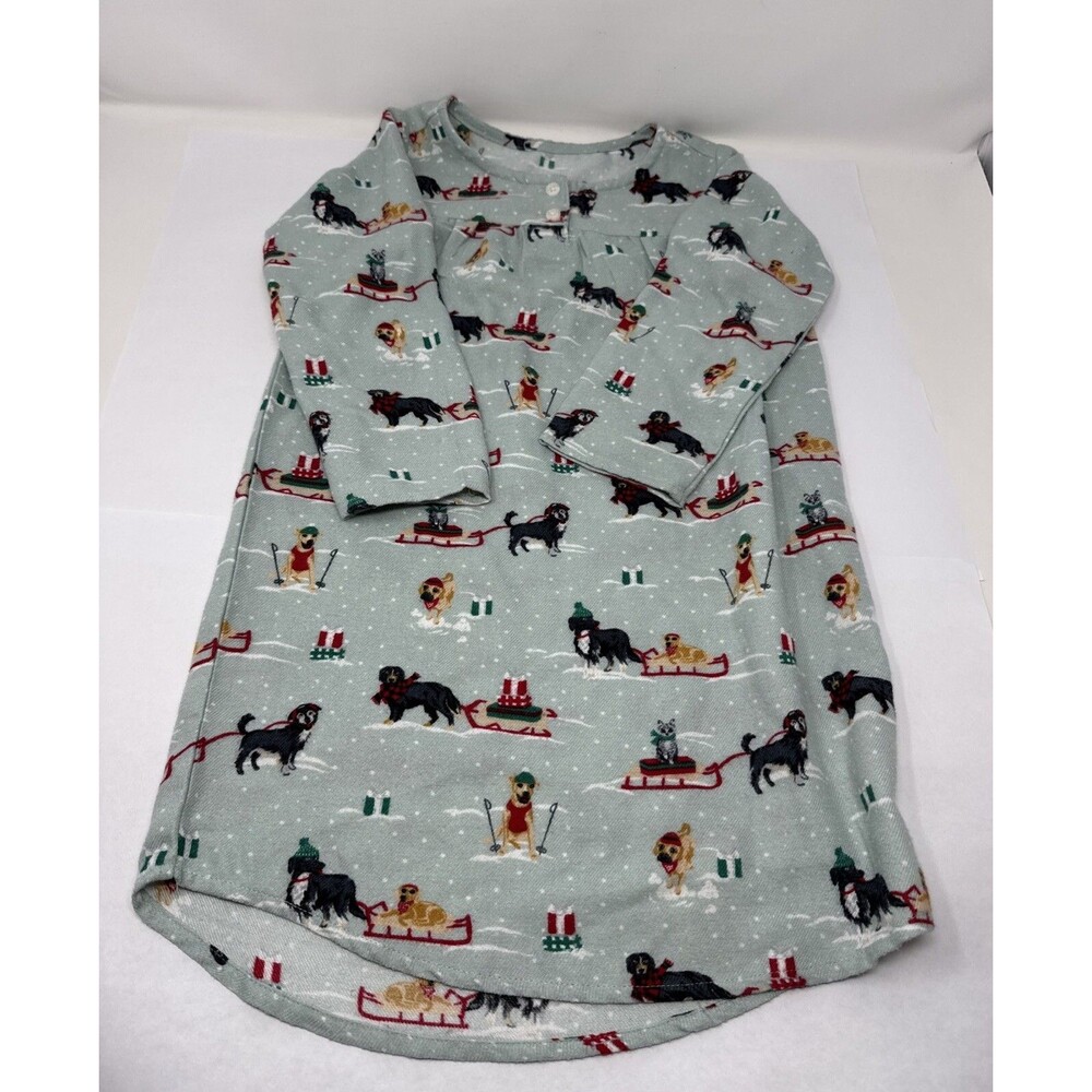 Lands End Nightgown Toddler Girl sz 4 Green Christmas Snow Dogs Sleds Pajama